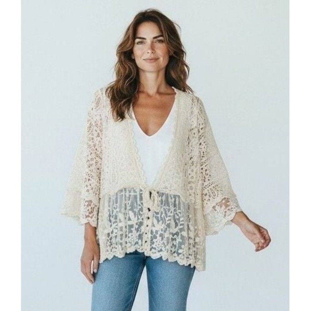 POL Floral Lace Short Sleeve Crochet Cardigan with Tassel Tie